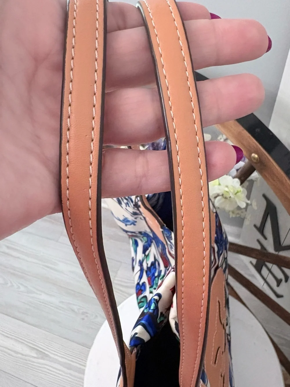 TORY BURCH Retired Blue Floral Patchwork Ella Tote with Tan Leather Details